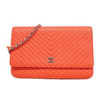 Chanel Wallet on Chain V-stitch Lambskin Orange Silver Shoulder Bag