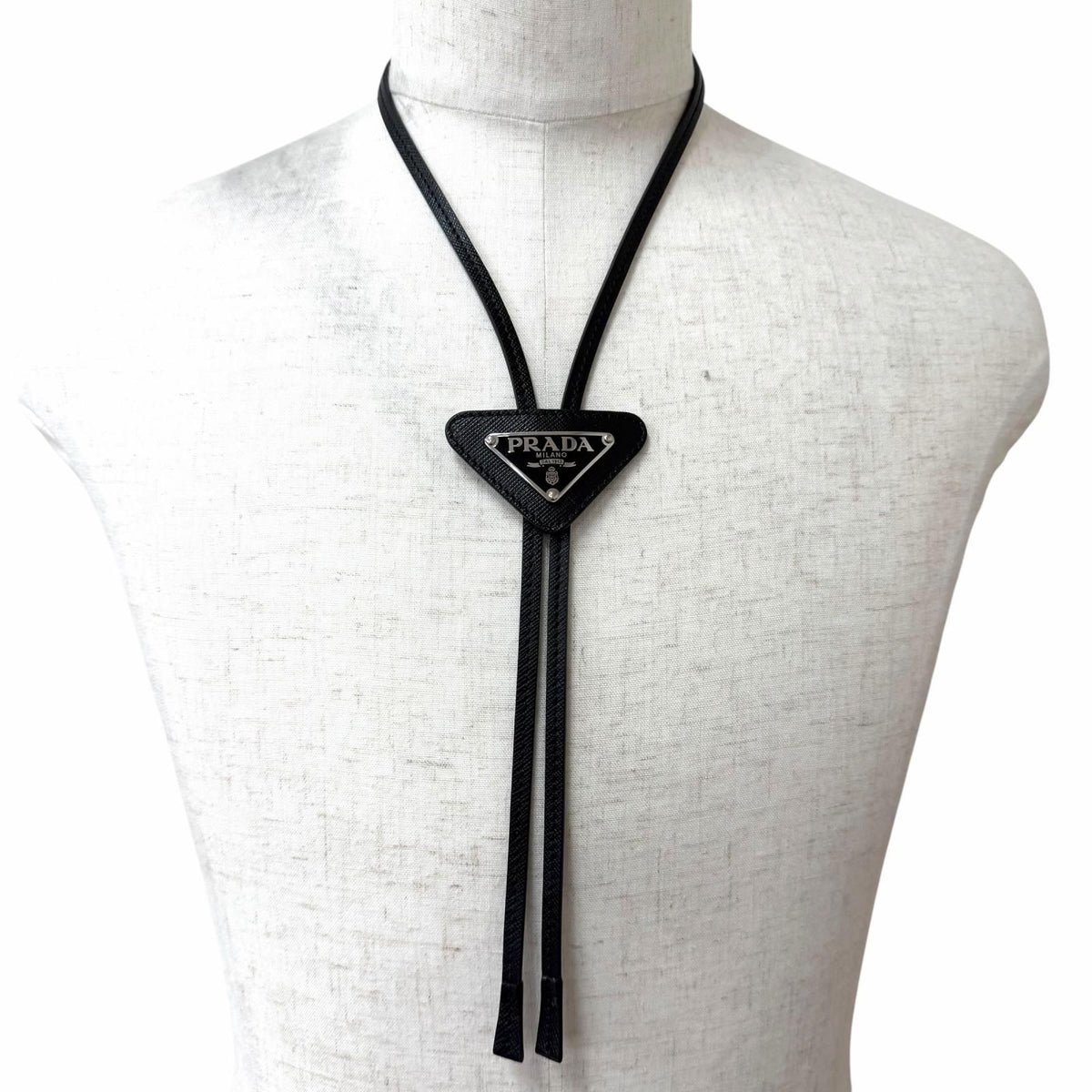 Prada Saffiano Leather Triangle Logo Plate Multik Loop Tie Bolo Tie Black — view 2