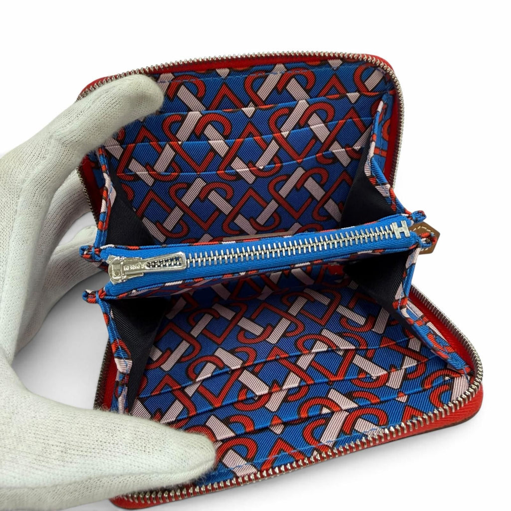 Hermes Azap Compact Silk'in Veau Epsom Rouge Ladue Blue Hydra Silver Coin Purse — view 6