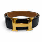 Hermes Vintage Gold Martin Margiela Era H Logo Reversible Leather Belt Black