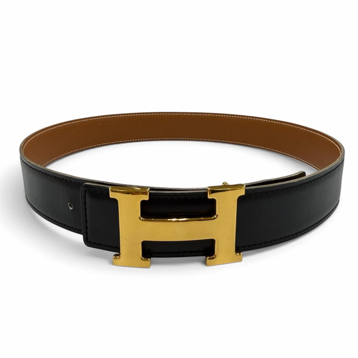 Hermes Vintage Gold Martin Margiela Era H Logo Reversible Leather Belt Black — view 3