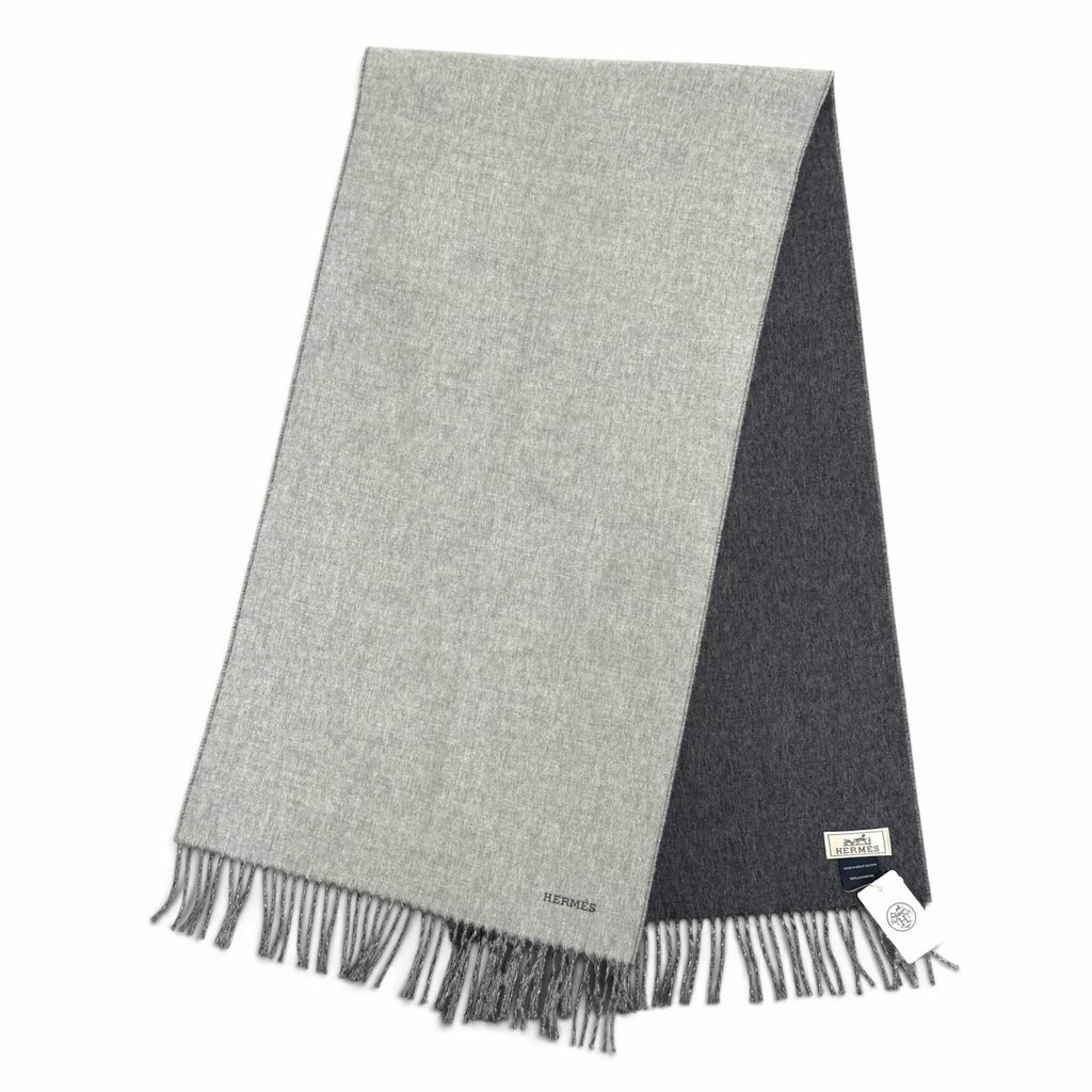 Hermes Recto Verso Cashmere 100% Logo Embroidery Fringe Bicolor Shawl Scarf — view 4
