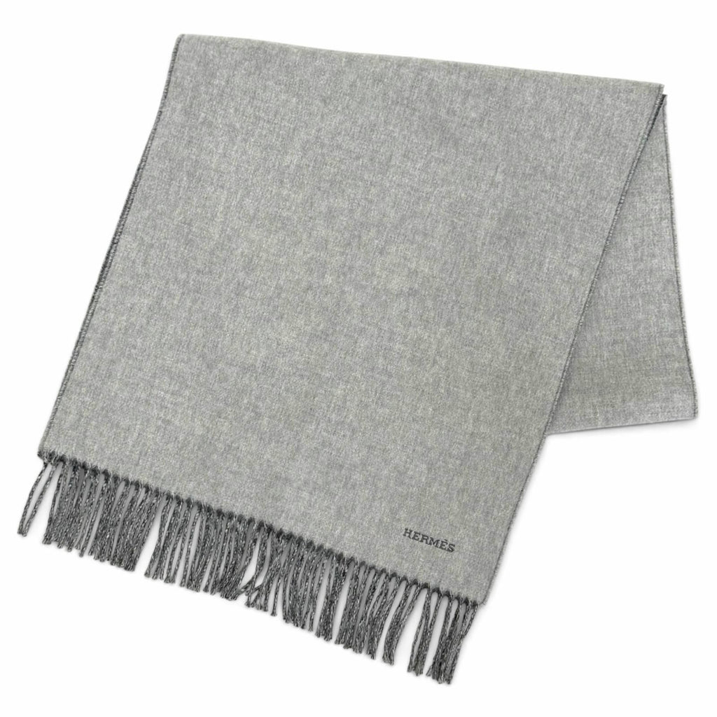 Hermes Recto Verso Cashmere 100% Logo Embroidery Fringe Bicolor Shawl Scarf