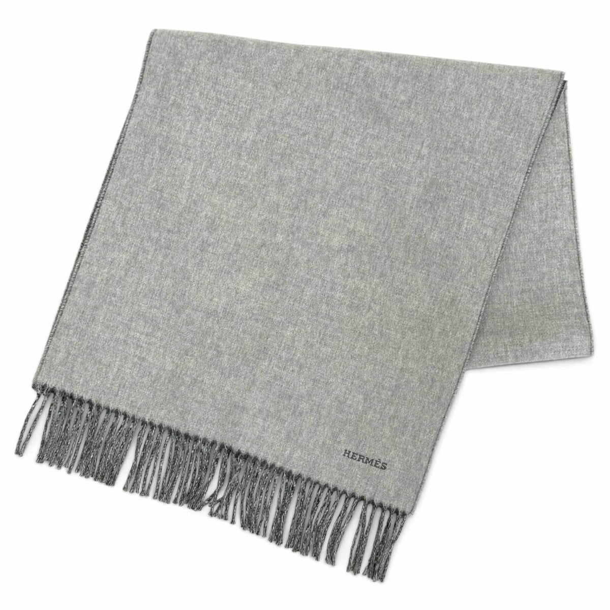Hermes Recto Verso Cashmere 100% Logo Embroidery Fringe Bicolor Shawl Scarf