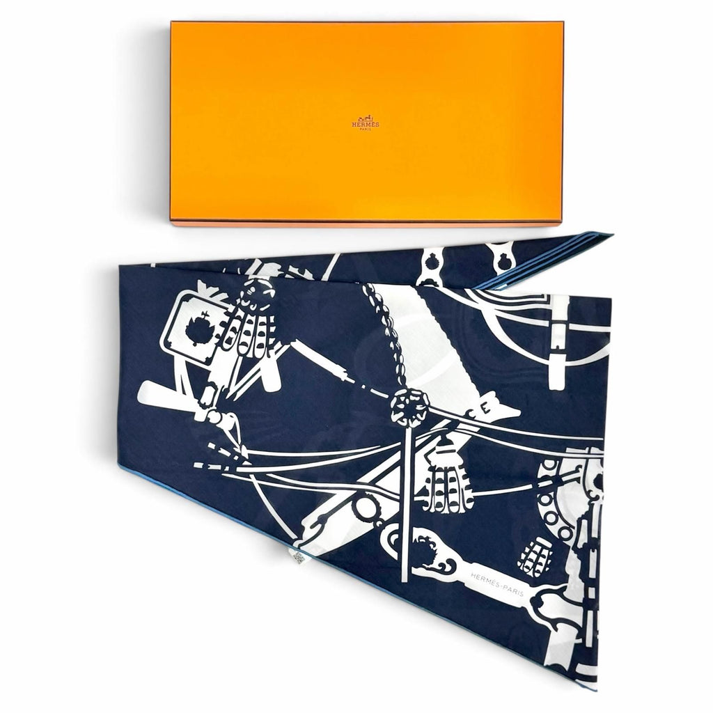 Hermes Rosange GM Royal Horse Tackle Cotton Marine Blue Turcan Diamond Scarf — view 2