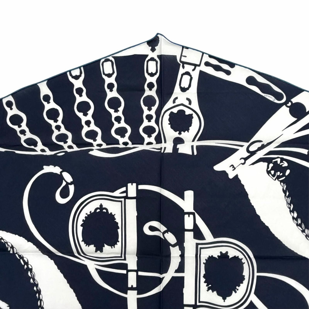 Hermes Rosange GM Royal Horse Tackle Cotton Marine Blue Turcan Diamond Scarf — view 3