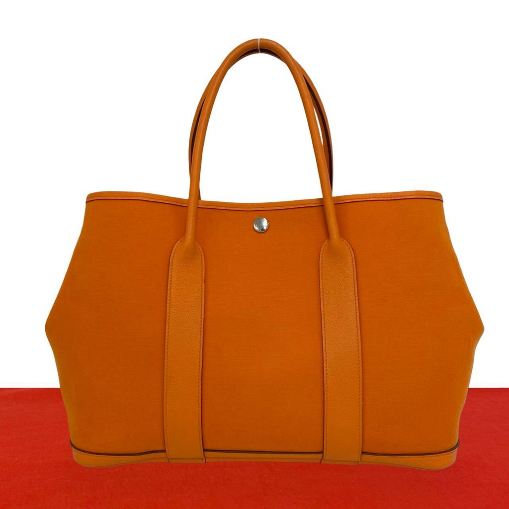 Hermes Garden Party MM Toile Officier Buffalo Leather Tote Bag Orange
