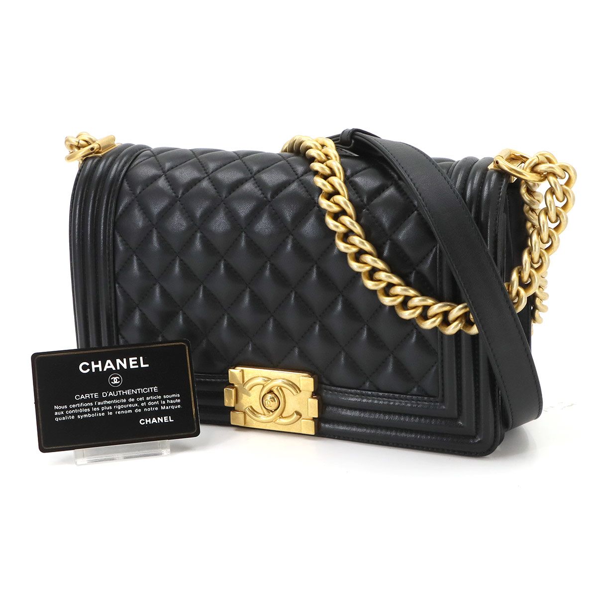 Chanel Boy Chain Shoulder Bag Lambskin Black Gold — view 2
