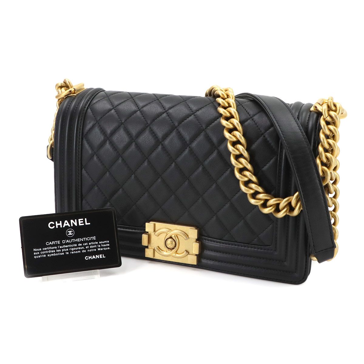 Chanel Boy Chain Shoulder Bag Lambskin Black Gold — view 2