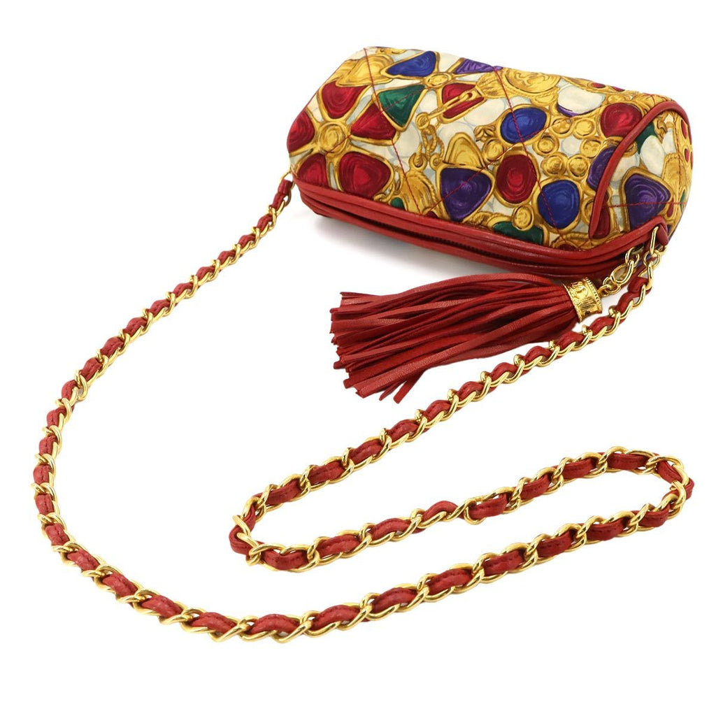 Chanel Bijou Pattern Fringe Chain Shoulder Bag Satin Leather Red Multicolor Gold — view 5