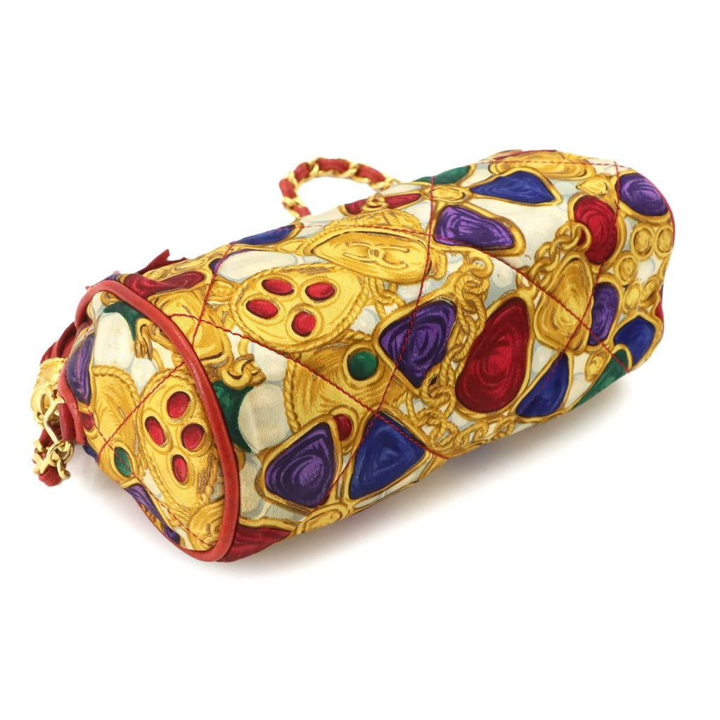 Chanel Bijou Pattern Fringe Chain Shoulder Bag Satin Leather Red Multicolor Gold — view 4
