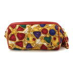Chanel Bijou Pattern Fringe Chain Shoulder Bag Satin Leather Red Multicolor Gold — view 2