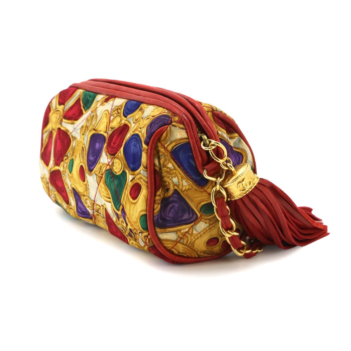 Chanel Bijou Pattern Fringe Chain Shoulder Bag Satin Leather Red Multicolor Gold — view 3