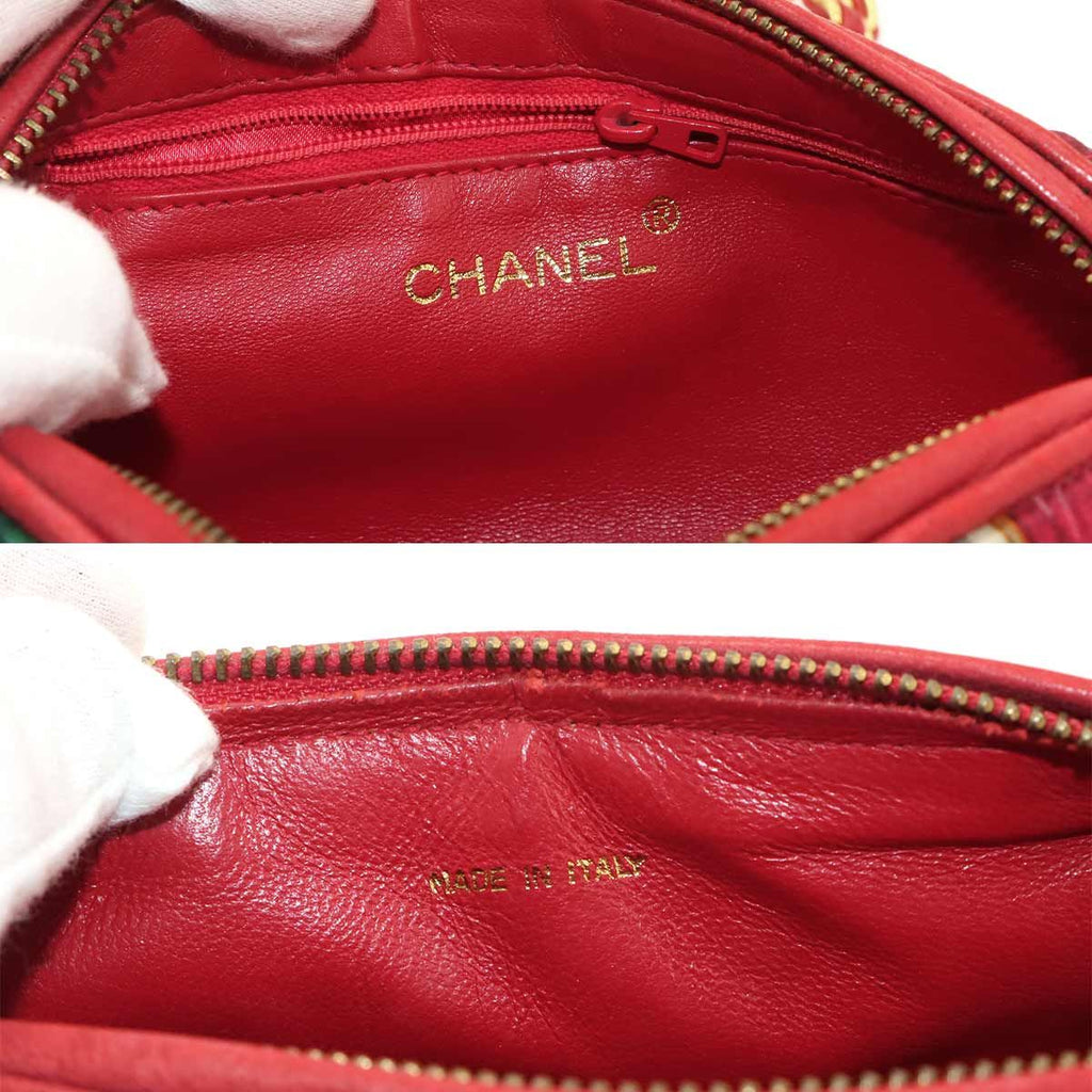 Chanel Bijou Pattern Fringe Chain Shoulder Bag Satin Leather Red Multicolor Gold — view 7