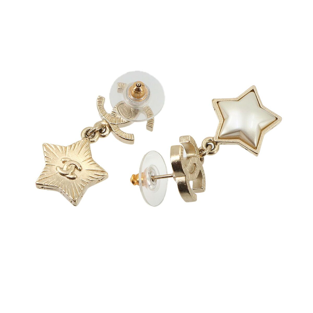 Chanel CC Logo Star Swing Earrings Faux Pearl Gold White — view 2