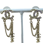 Chanel Chain Earrings CC Logo Rhinestone Pearl Gold