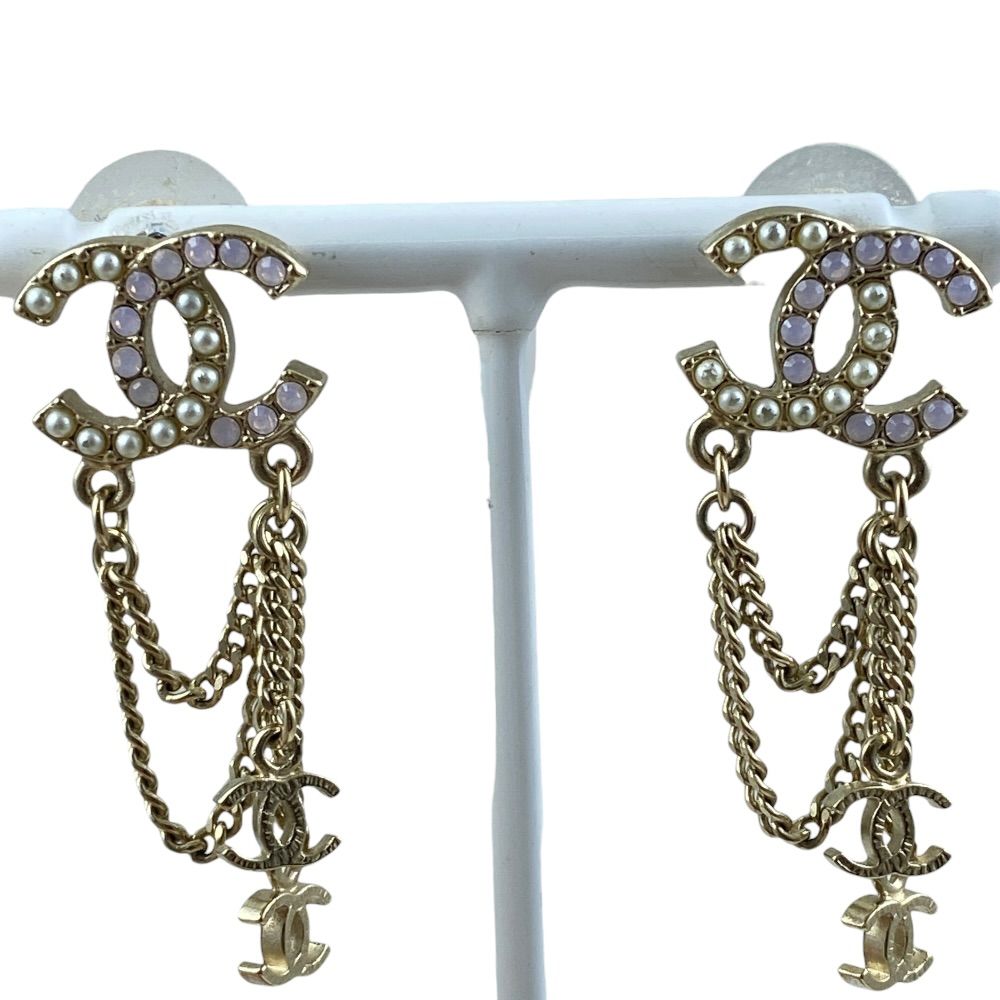 Chanel Chain Earrings CC Logo Rhinestone Pearl Gold