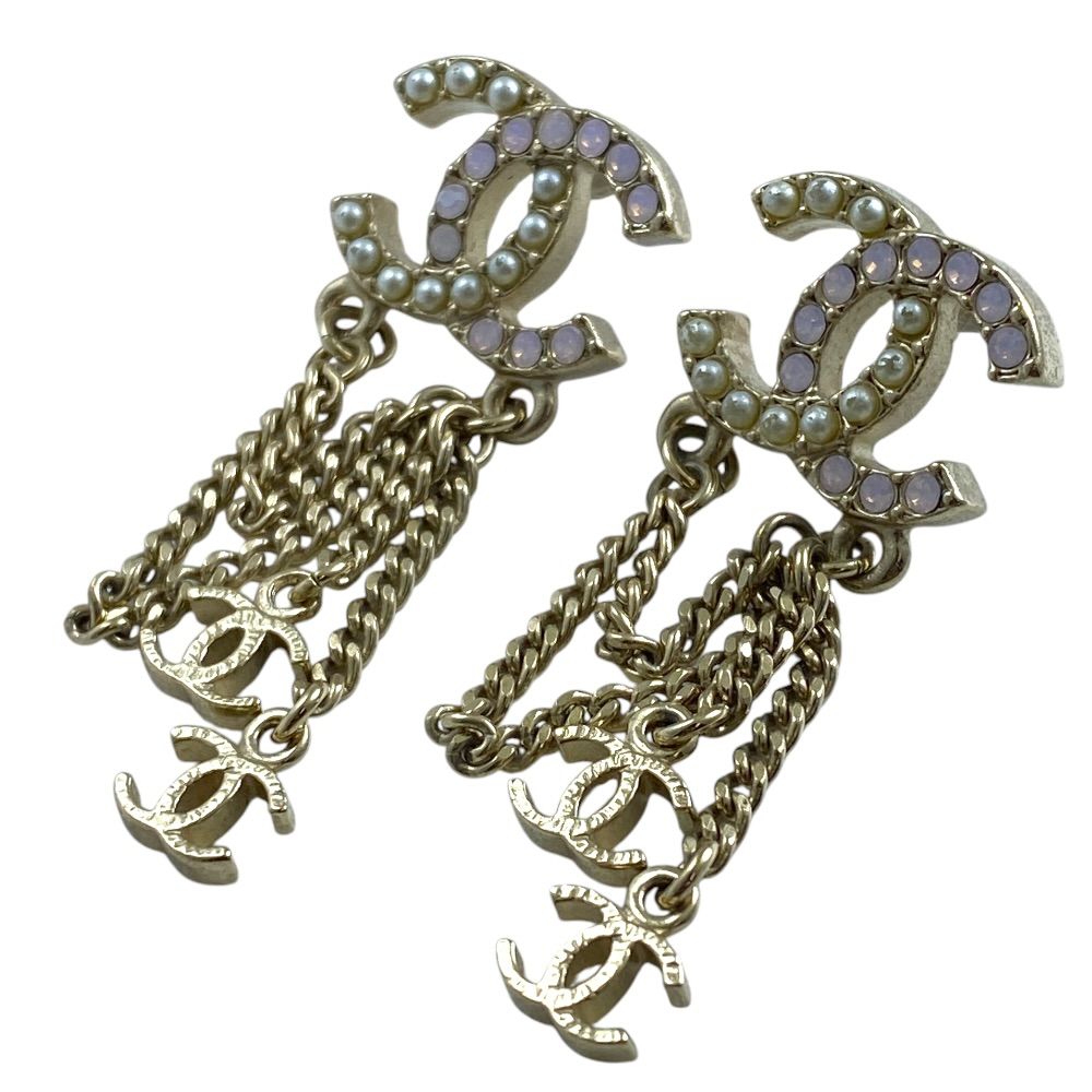 Chanel Chain Earrings CC Logo Rhinestone Pearl Gold — view 4