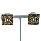Chanel Earrings CC Logo Square Rhinestone Champagne Gold