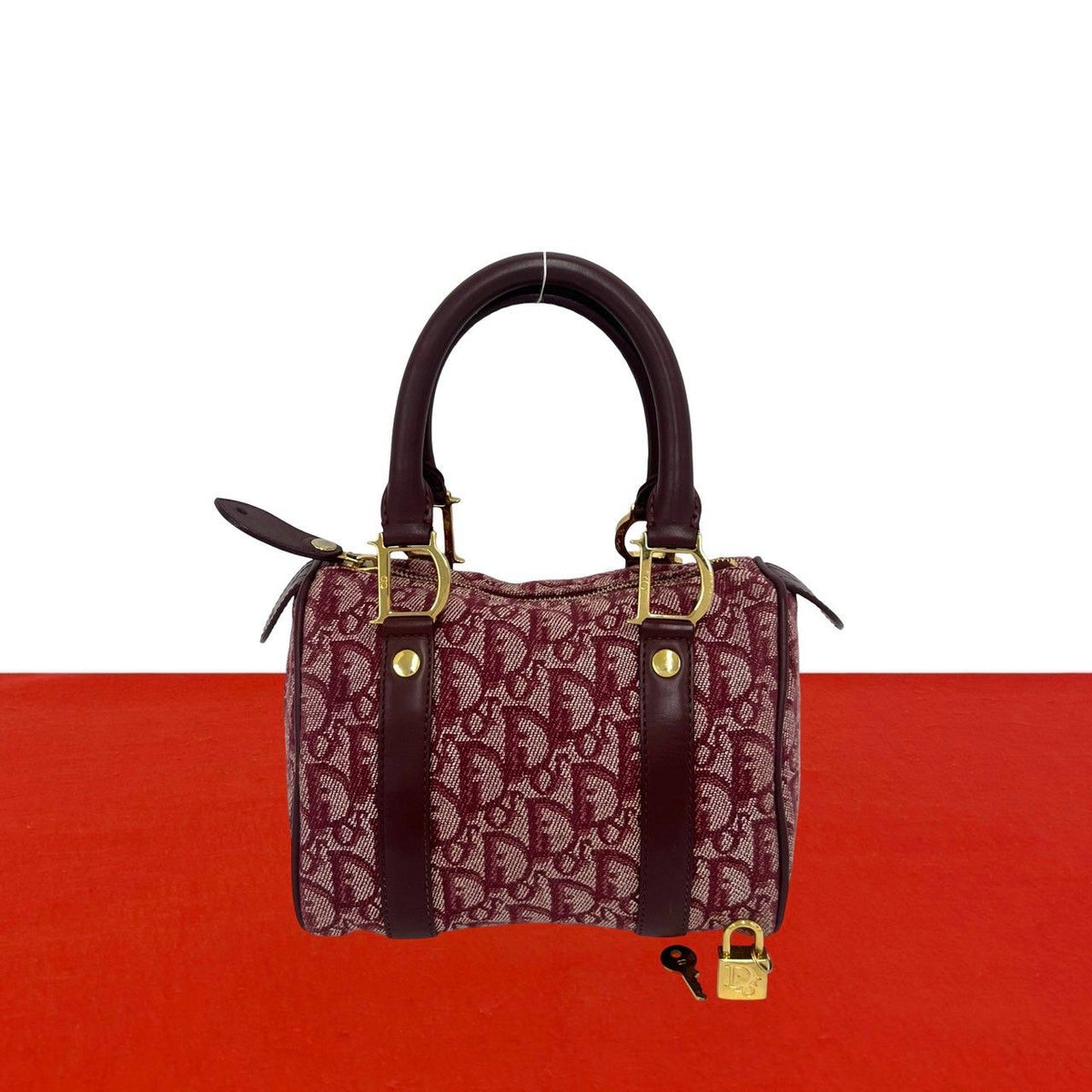 Dior Trotter Pattern Canvas Leather Mini Boston Bag Bordeaux