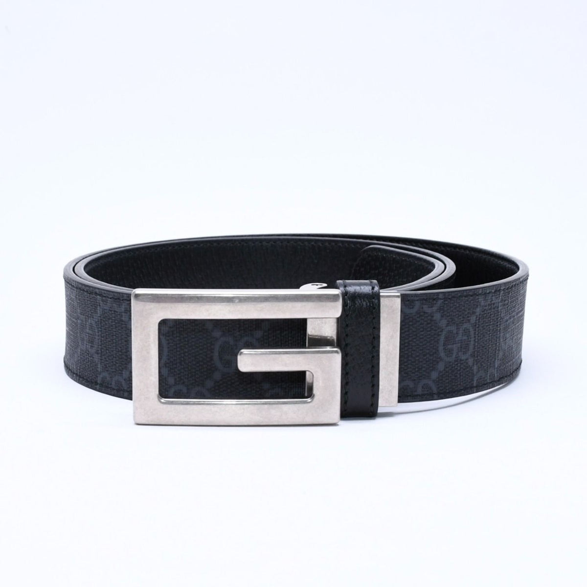 Gucci Square G Buckle Reversible Belt GG Supreme Canvas Black Gray