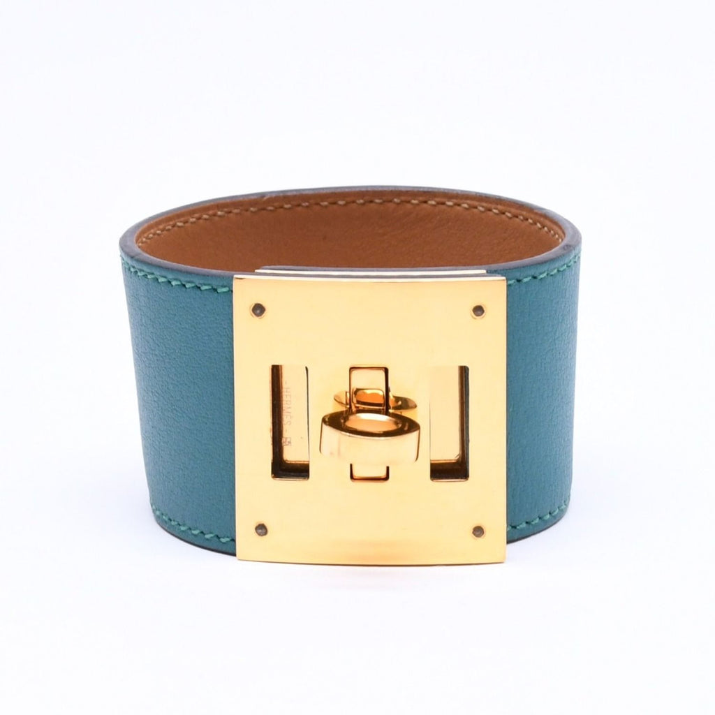 Hermes Kelly Dog Bracelet Bangle Leather Green Gold