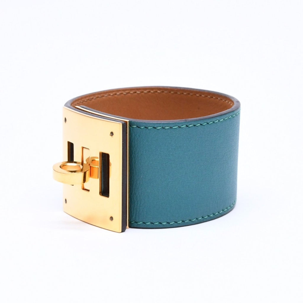 Hermes Kelly Dog Bracelet Bangle Leather Green Gold — view 2