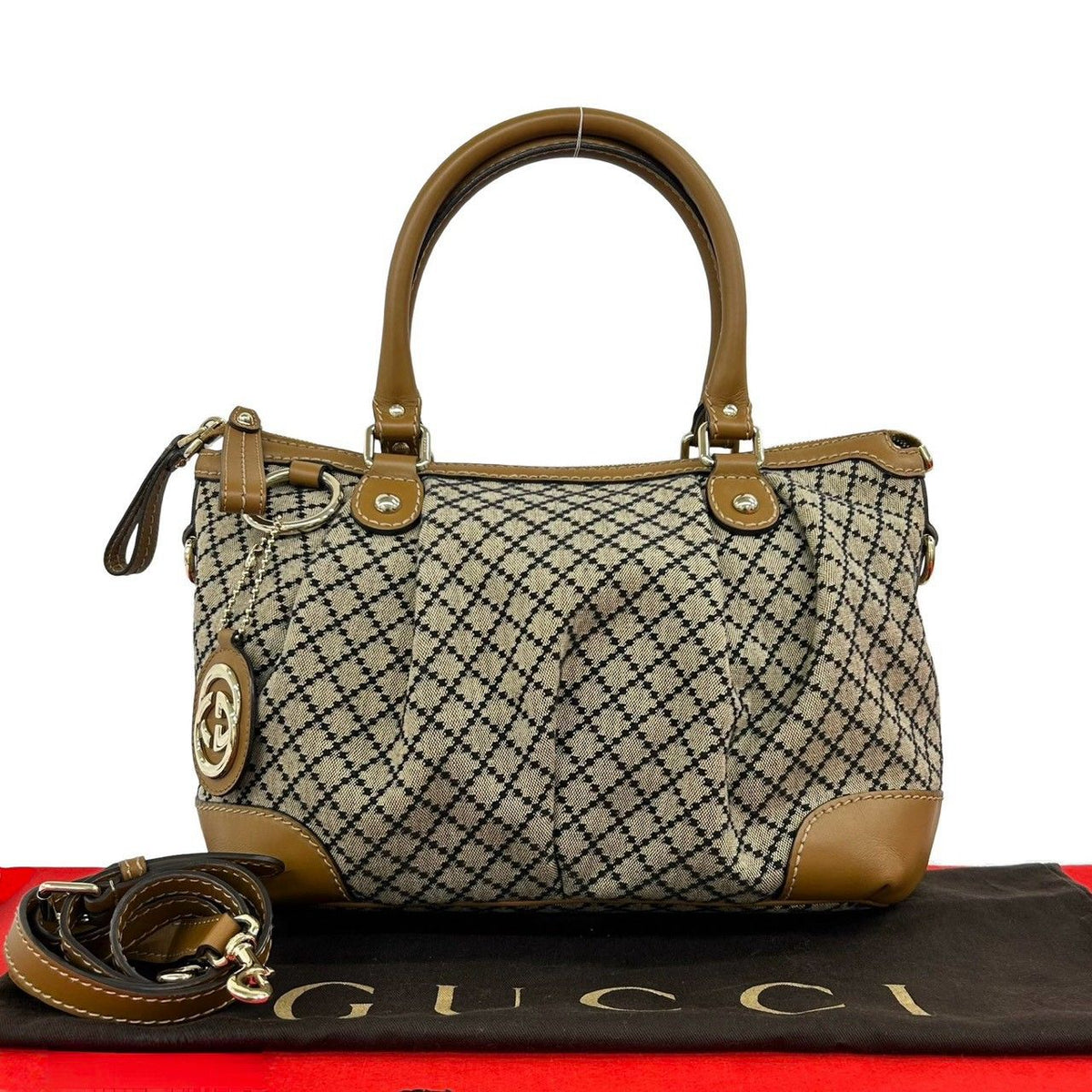 Gucci Sukey Diamante Canvas Leather 2-Way Shoulder Bag Beige