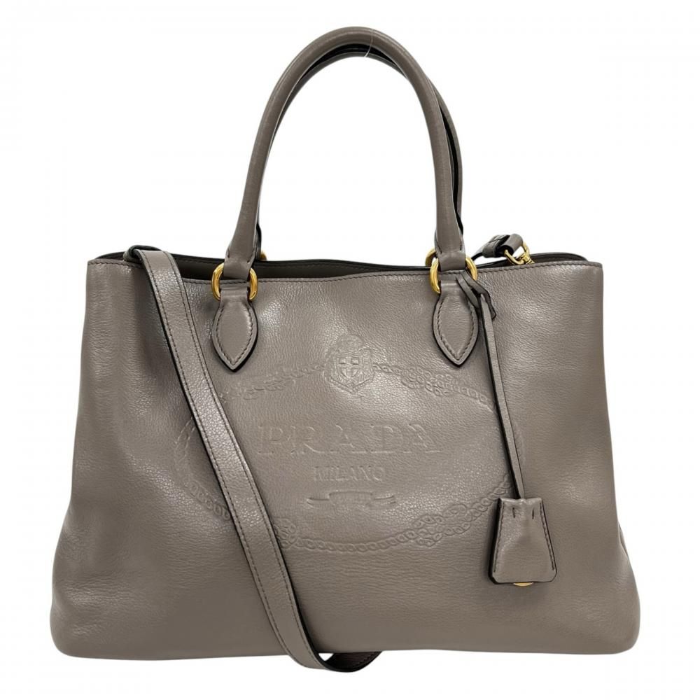 Prada 2-Way Embossed Logo Shoulder Bag Crossbody Leather Greige Gold