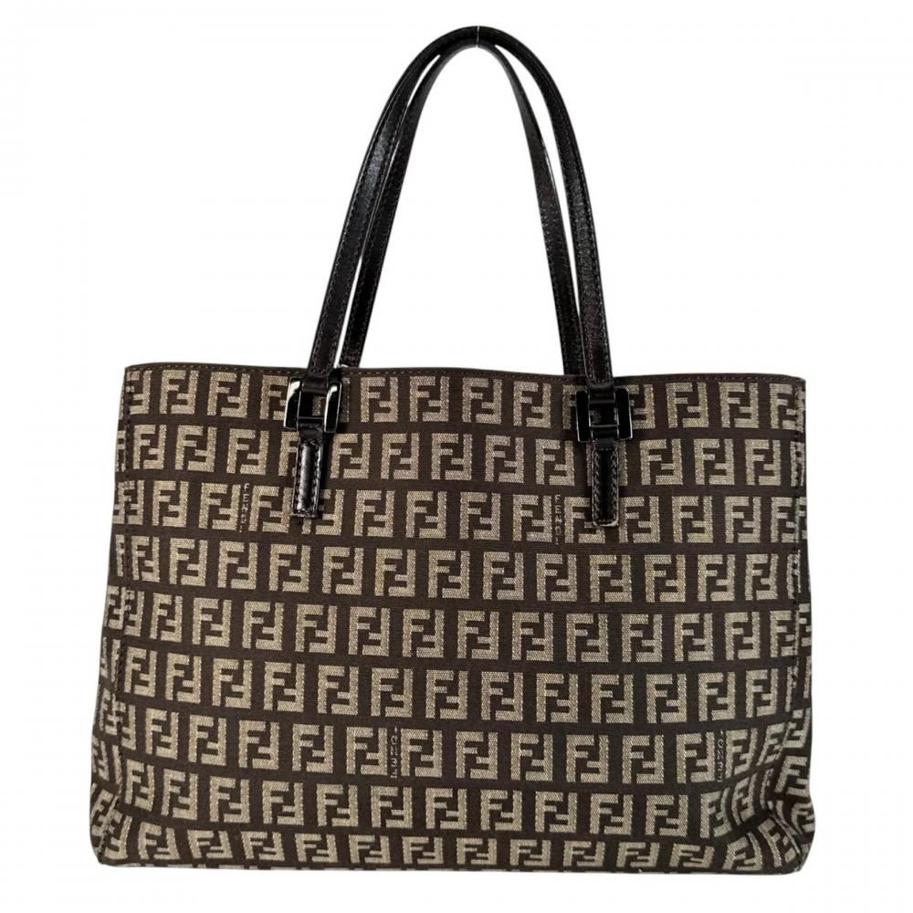 Fendi Handbag Zucchino Tote Canvas Leather Brown Silver — view 2