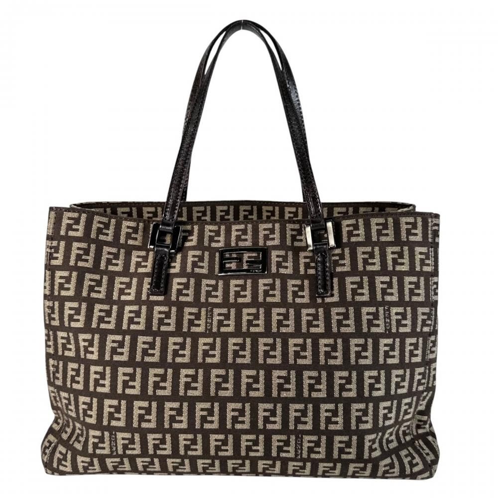 Fendi Handbag Zucchino Tote Canvas Leather Brown Silver