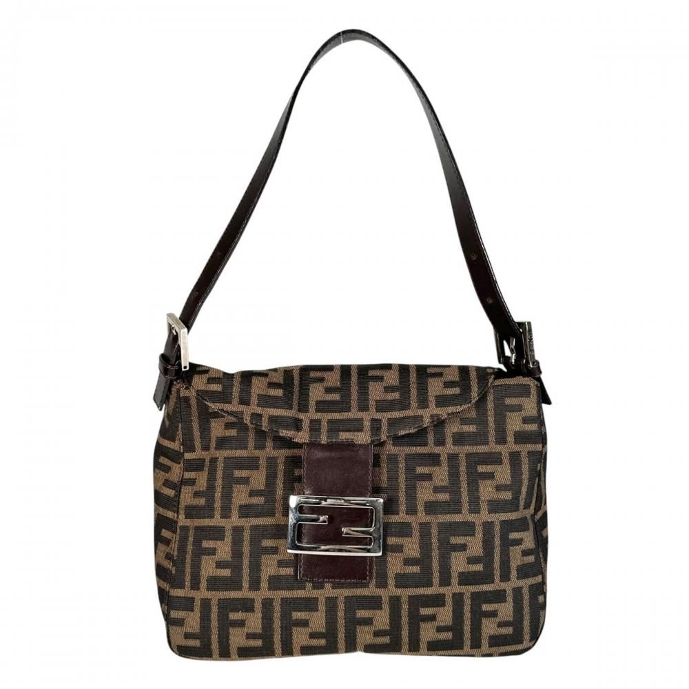 Fendi Shoulder Bag Zucca Mamma Bucket Canvas Leather Brown Black Silver