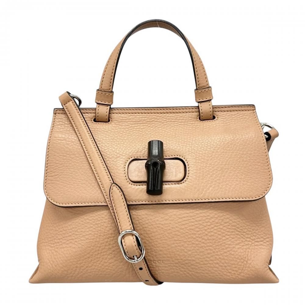 Gucci 2-Way Bamboo Daily Shoulder Bag Crossbody Leather Beige Silver