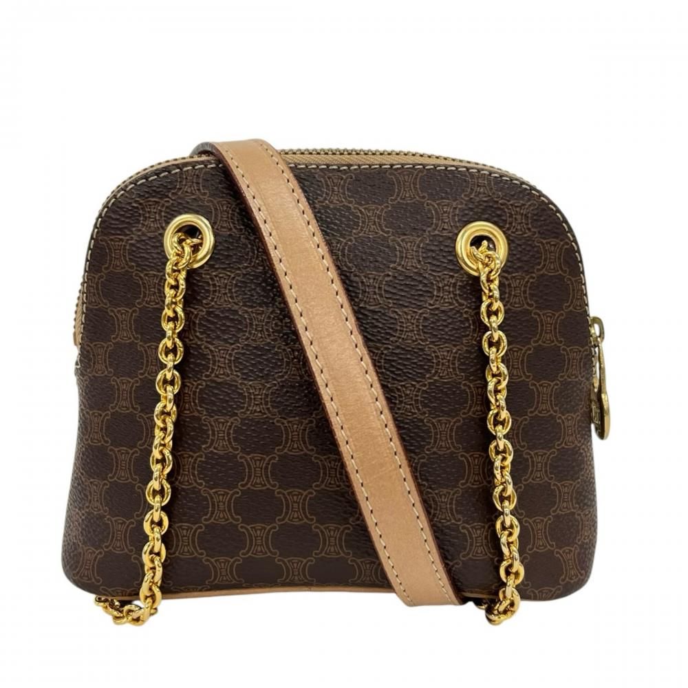 Celine Shoulder Bag Macadam Chain Mini Crossbody Leather Brown Gold