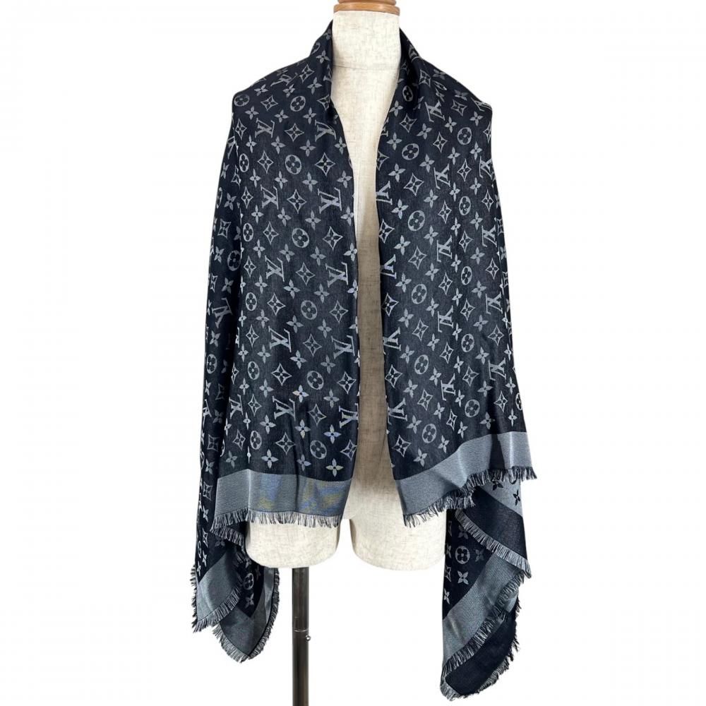 Louis Vuitton Shawl Monogram Shine Large Silk Wool Rayon Black Scarf — view 2
