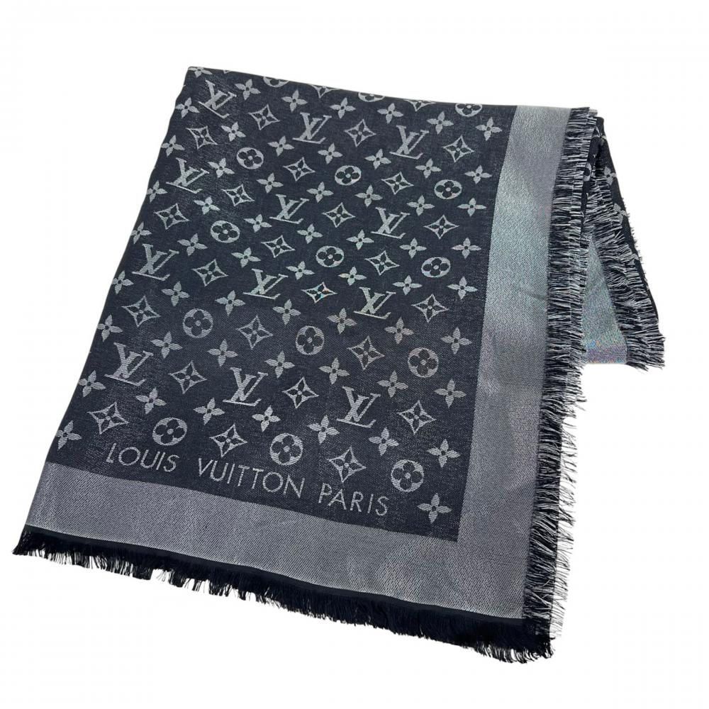 Louis Vuitton Shawl Monogram Shine Large Silk Wool Rayon Black Scarf