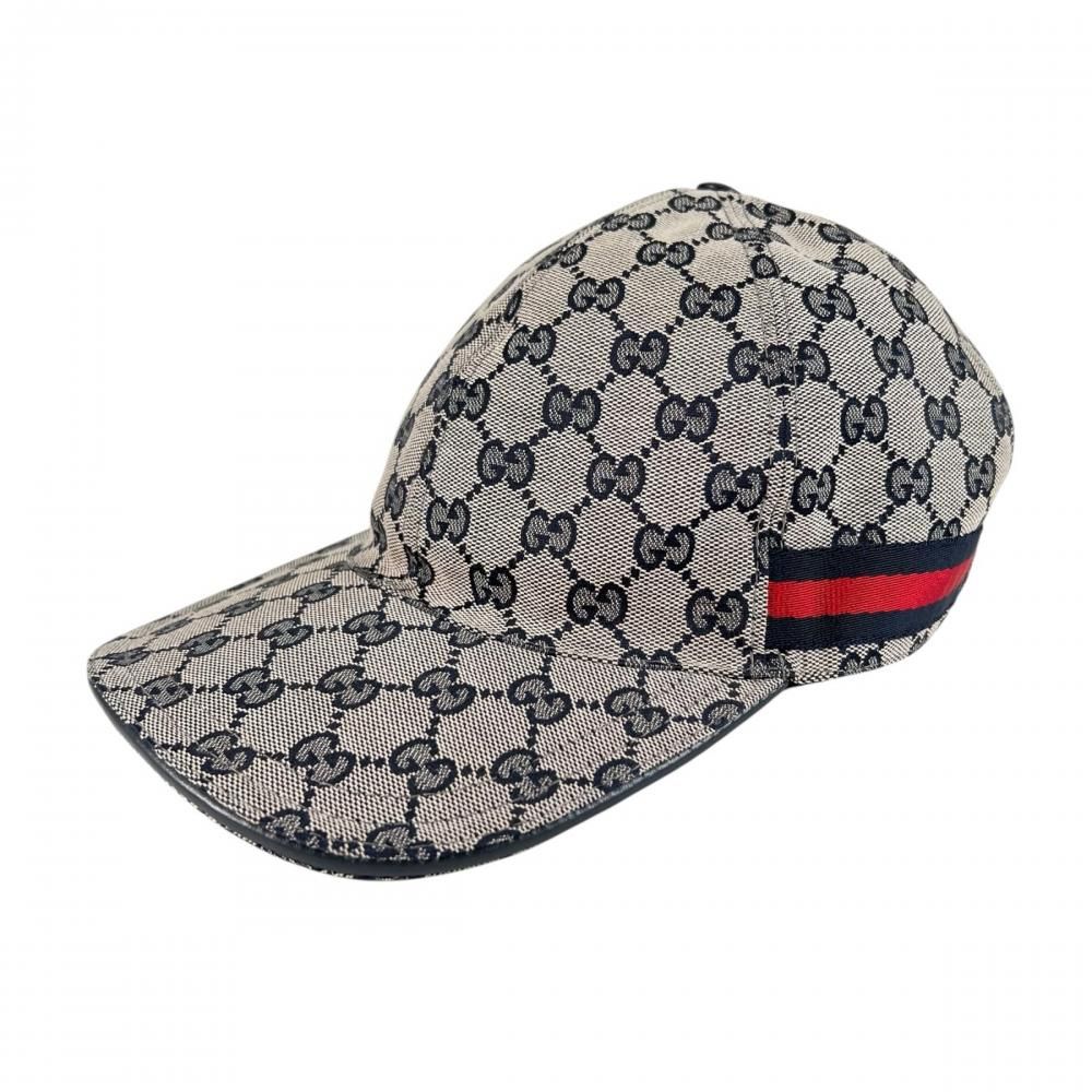 Gucci Cap Web Stripe Monogram Baseball Cap XL GG Canvas Navy Beige Hat
