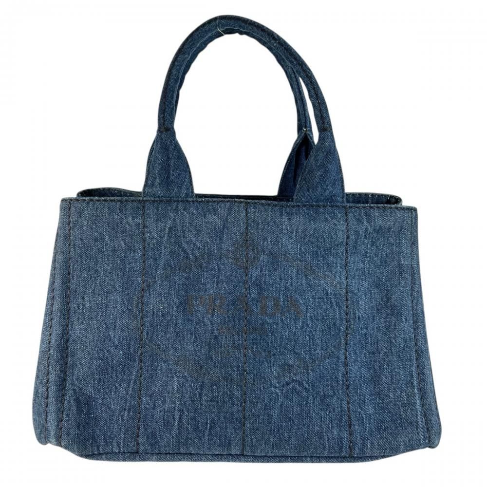 Prada Handbag Canapa Logo Denim Blue Gold