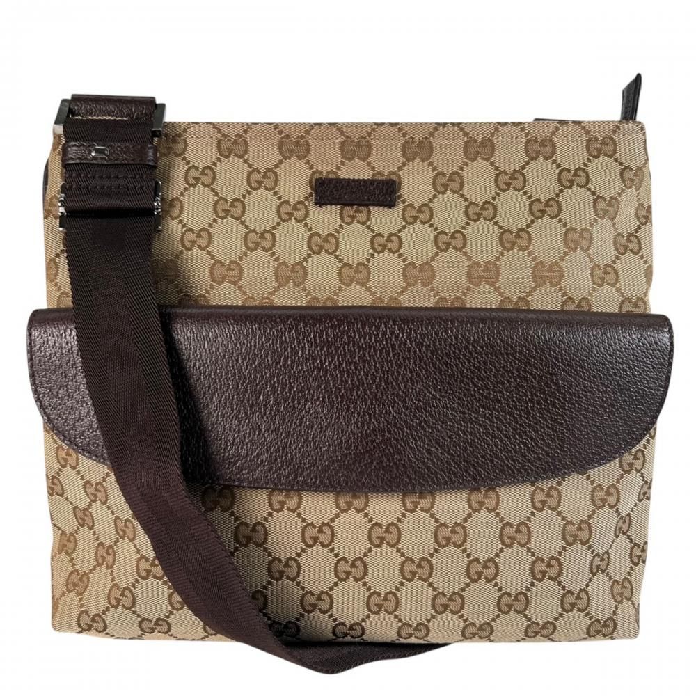 Gucci Shoulder Bag Crossbody GG Canvas Leather Brown Silver