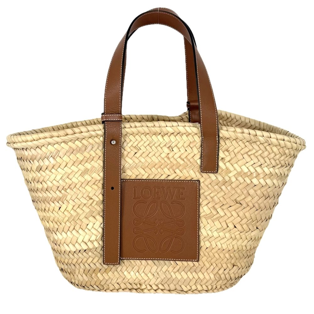 Loewe Tote Anagram Basket Medium Handbag Raffia Leather Beige Brown Silver