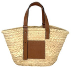 Loewe Tote Anagram Basket Medium Handbag Raffia Leather Beige Brown Silver
