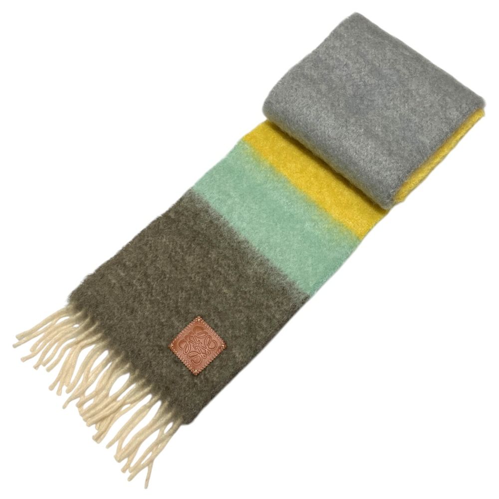 Loewe Anagram Logo Patch Mohair Wool Fringe Knit Scarf Multicolor