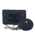 Chanel Quilted CC Logo Knit Tweed Wallet on Chain Navy Shoulder Bag
