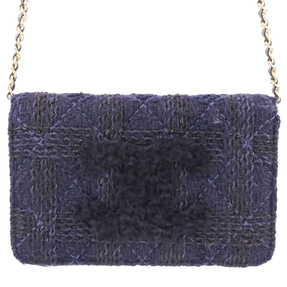 Chanel Quilted CC Logo Knit Tweed Wallet on Chain Navy Shoulder Bag — view 3