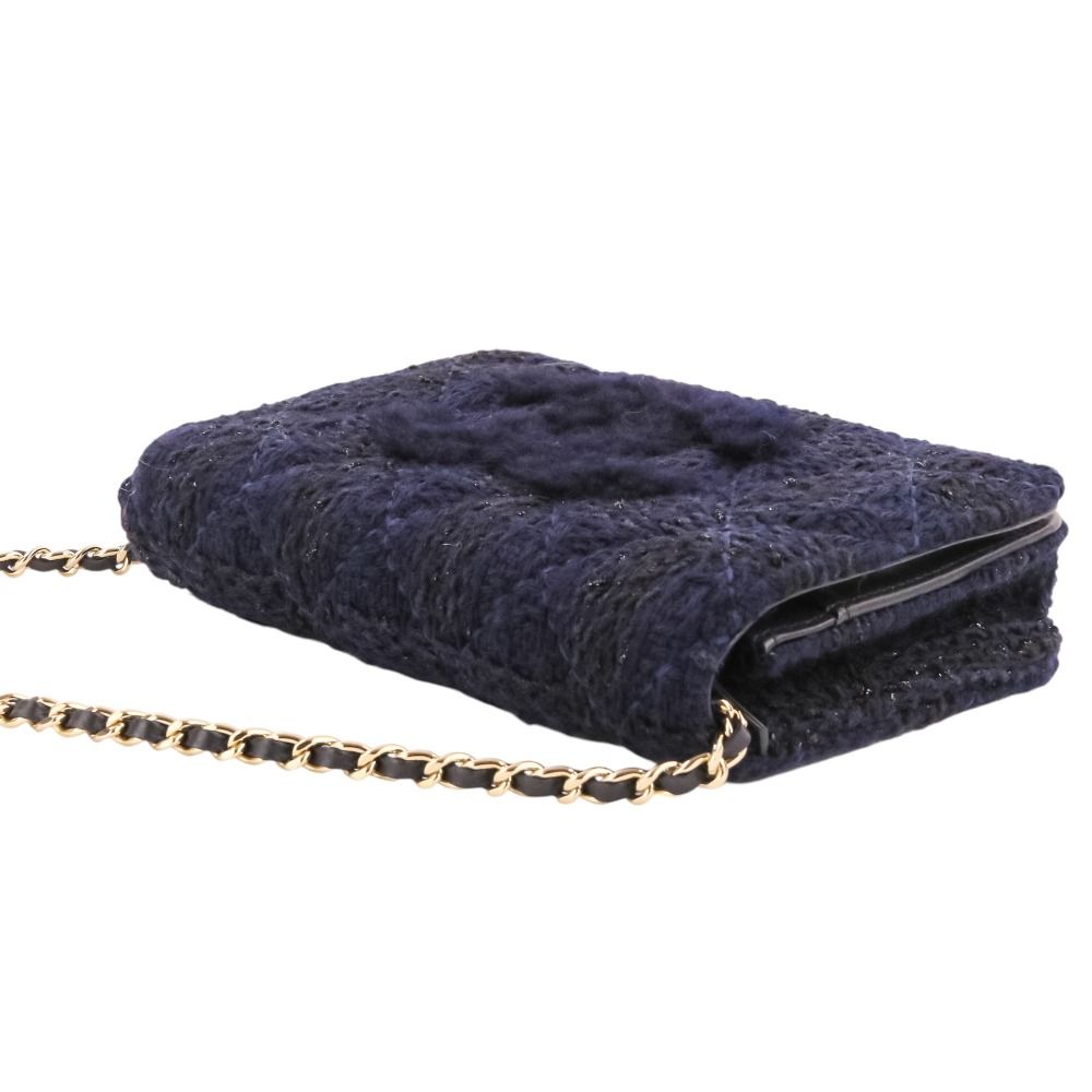 Chanel Quilted CC Logo Knit Tweed Wallet on Chain Navy Shoulder Bag — view 6
