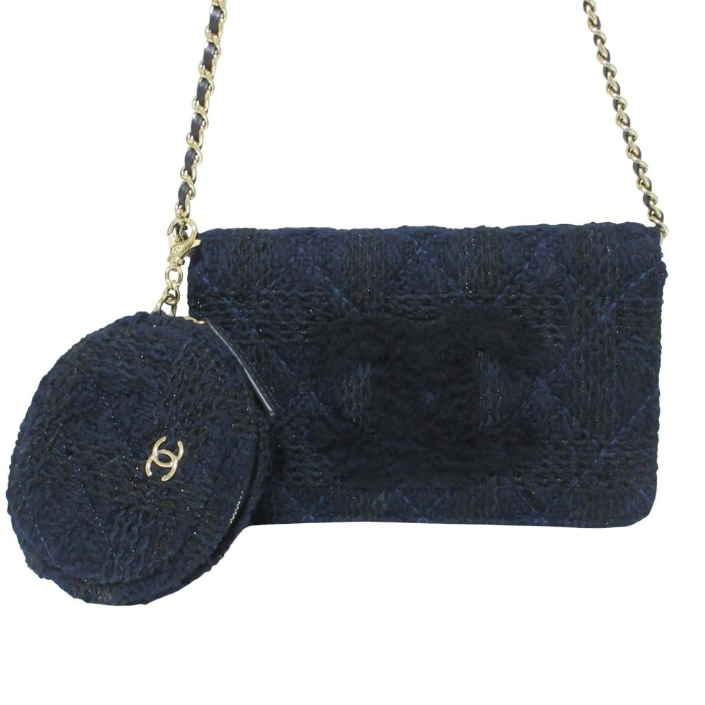 Chanel Quilted CC Logo Knit Tweed Wallet on Chain Navy Shoulder Bag — view 2