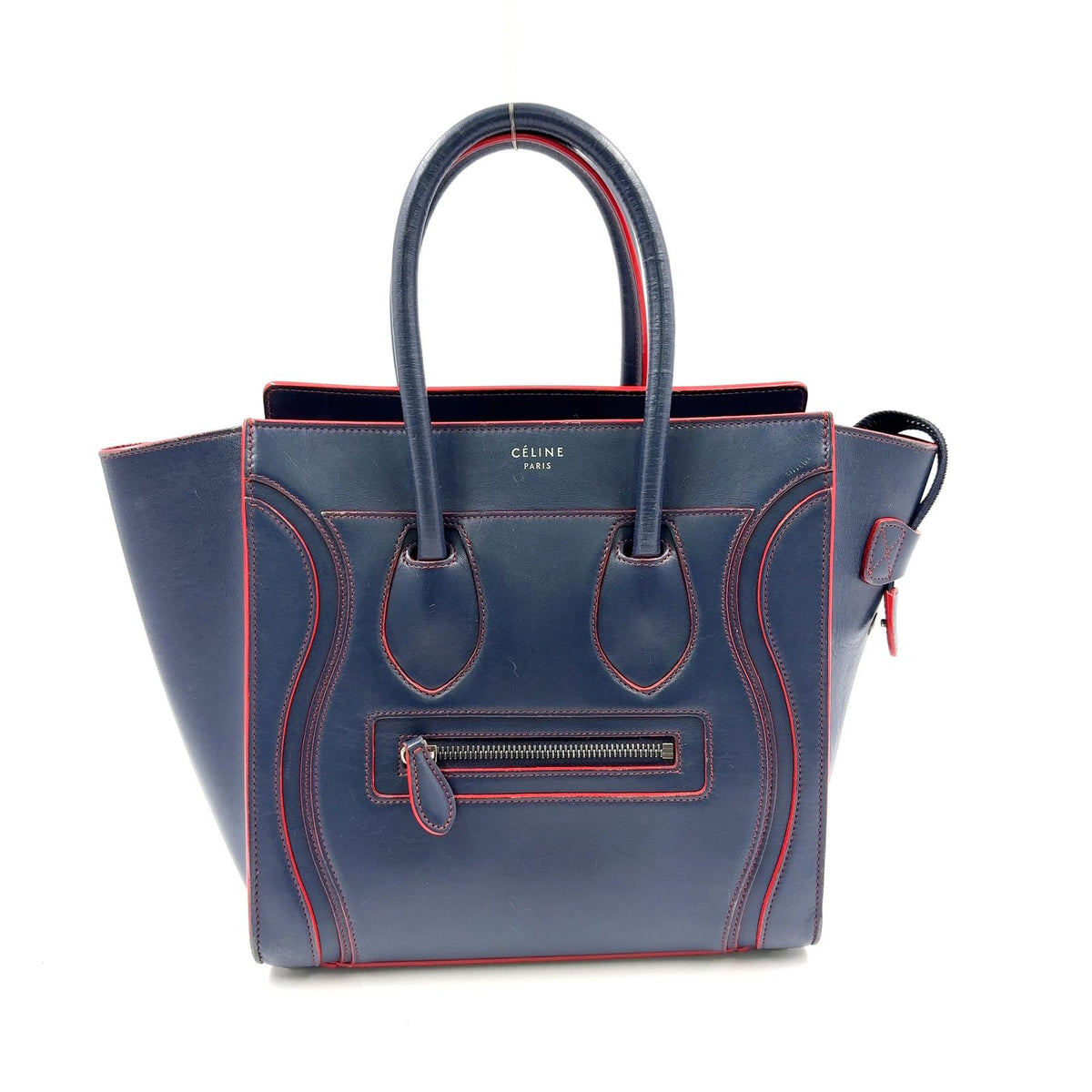 Celine Luggage Leather Navy Red Handbag Silver