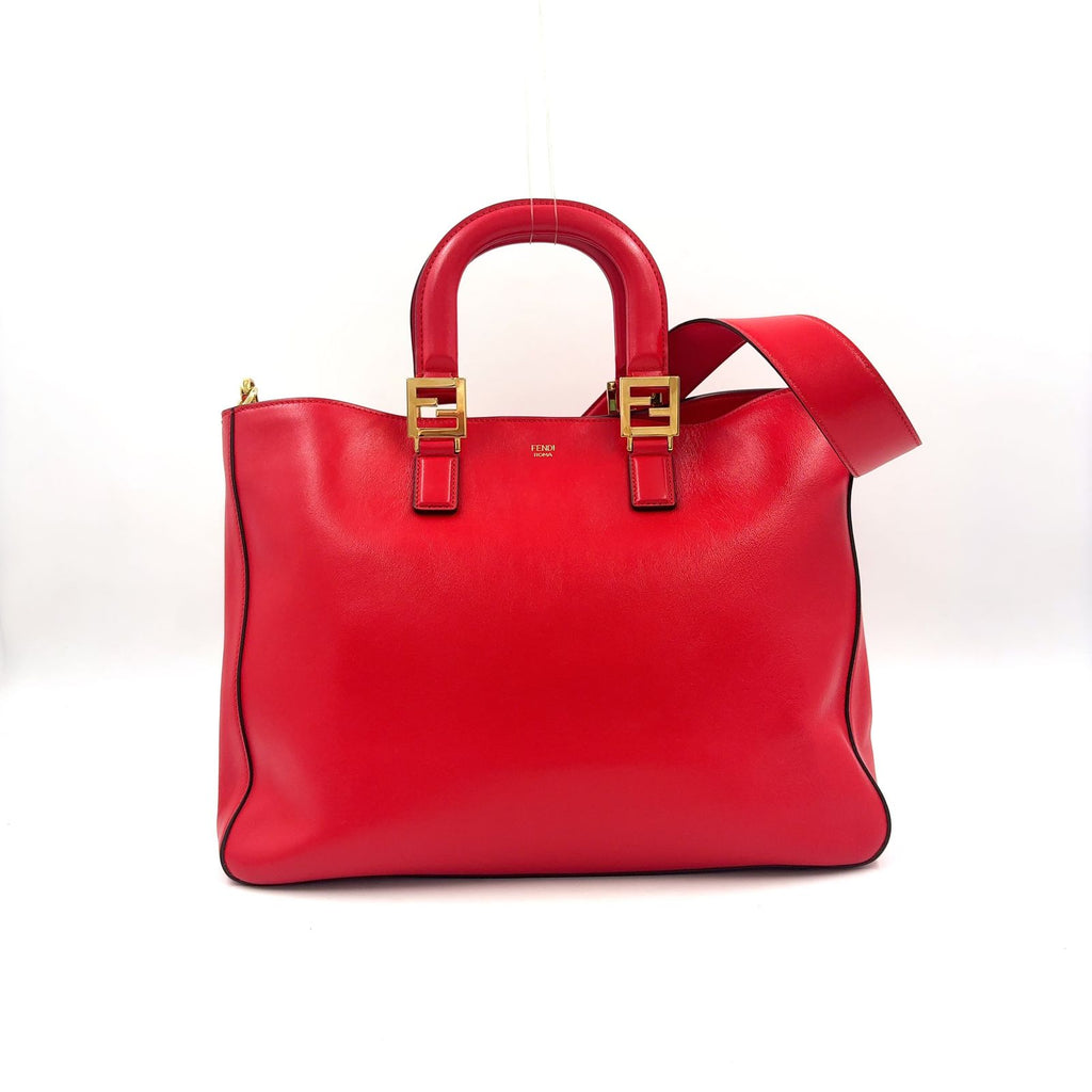 Fendi FF Tote Shoulder Bag Leather Red Gold
