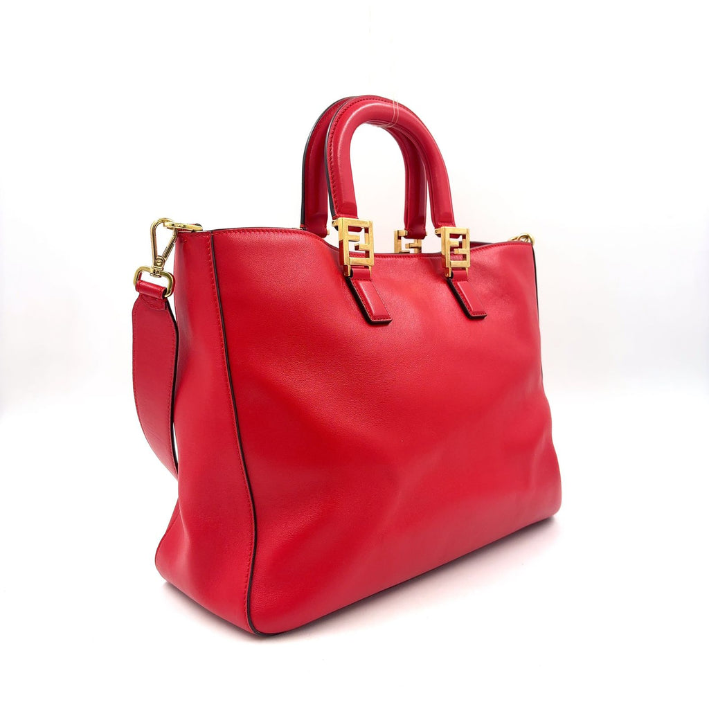 Fendi FF Tote Shoulder Bag Leather Red Gold — view 2