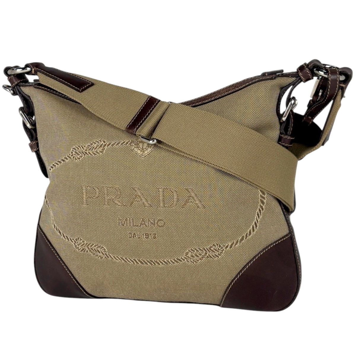 Prada Shoulder Bag Logo Jacquard Canvas Brown